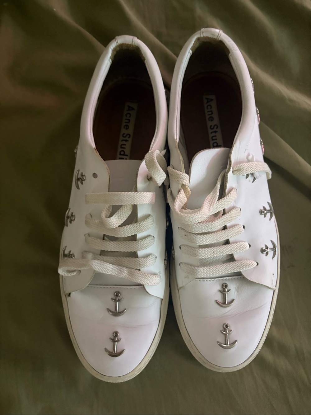 Acne White Leather Sneakers with Silver Anchor Studs